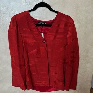 Vintage Asiatica Kansas City Vibrant Red Collarless Blazer with Textured Fabric